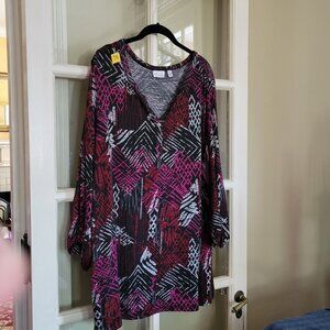 Women's V-neck with decorative buttons, black with blue and gray angular designs